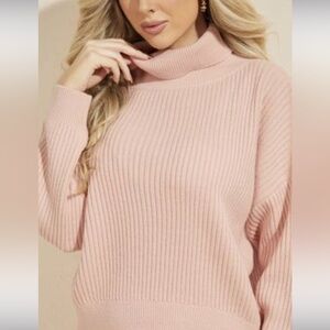 Marciano Guess The Cozy Sweater Top - Pink Ribbed Turtleneck Sweater